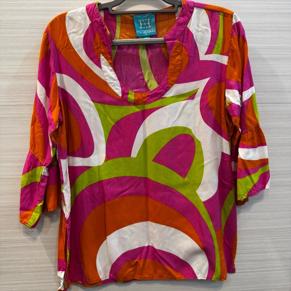 escapada Bold Multicolor Scoop Neck Tunic - Pink, Orange, Green, White size L